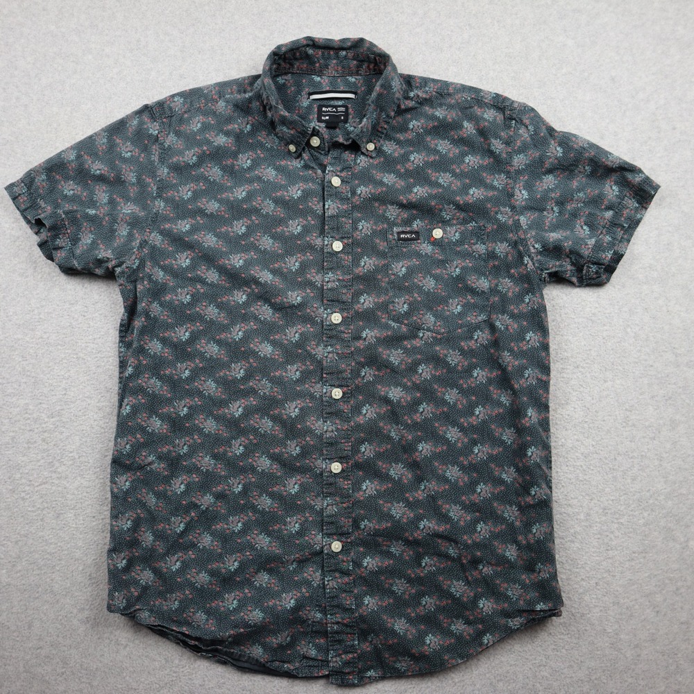 RVCA Button Down Shirt Mens Small Slim Navy Blue Floral Short Sleeve Cotton